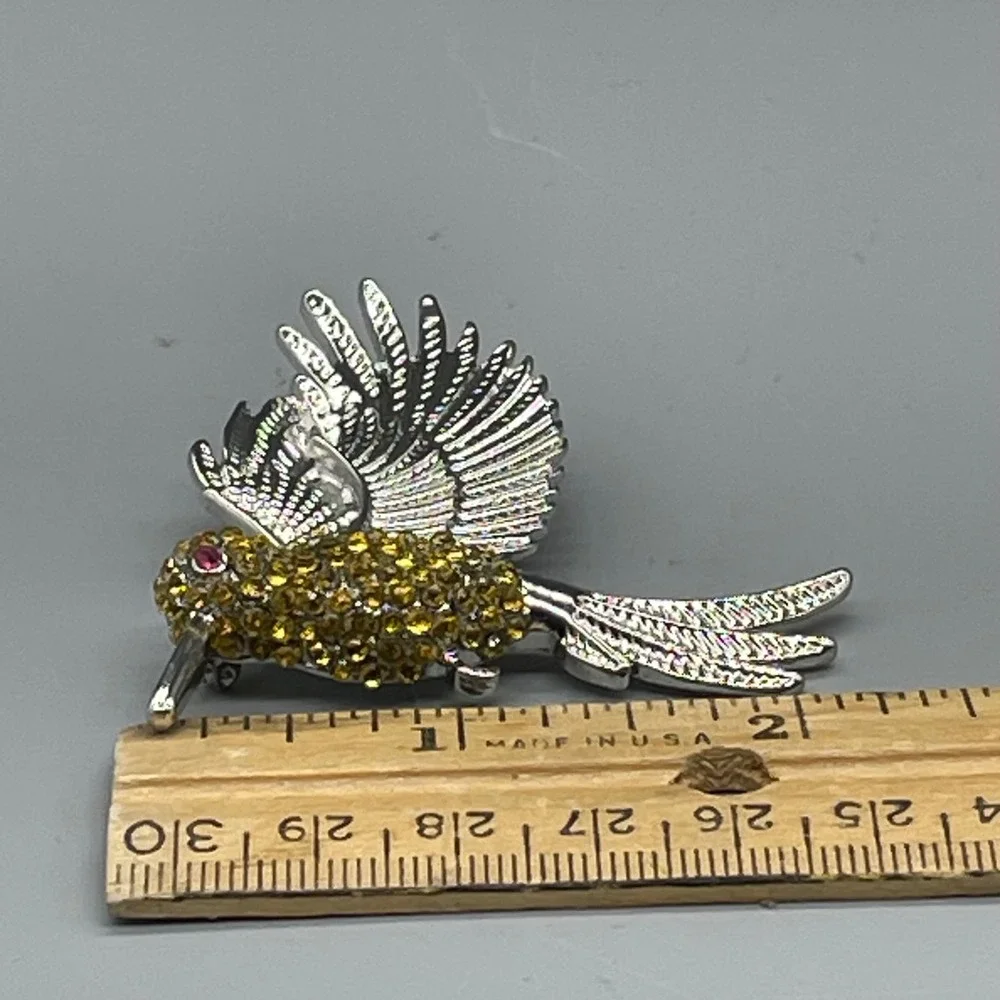 Vintage Silver Tone Yellow Rhinestone Pave Bird Brooch Pin Pink Eye 2 Inch
